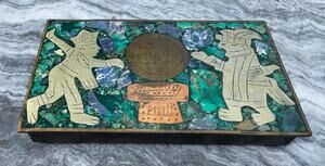 VINTAGE:  MCM Mayan Mexican Mosaic Inlay Brass Copper Wood Trinket Cigarette Box